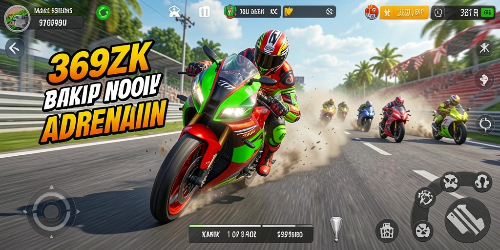 Tampilan gameplay seru 369ZK dengan aksi balap motor yang mendebarkan.