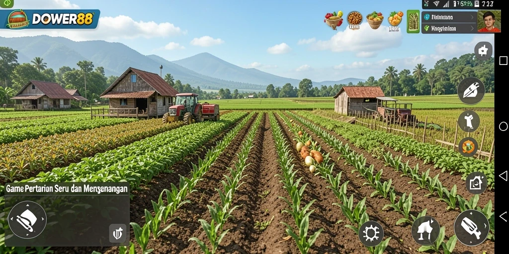 Screenshot gameplay DOWER88 menampilkan aktivitas pertanian yang seru.